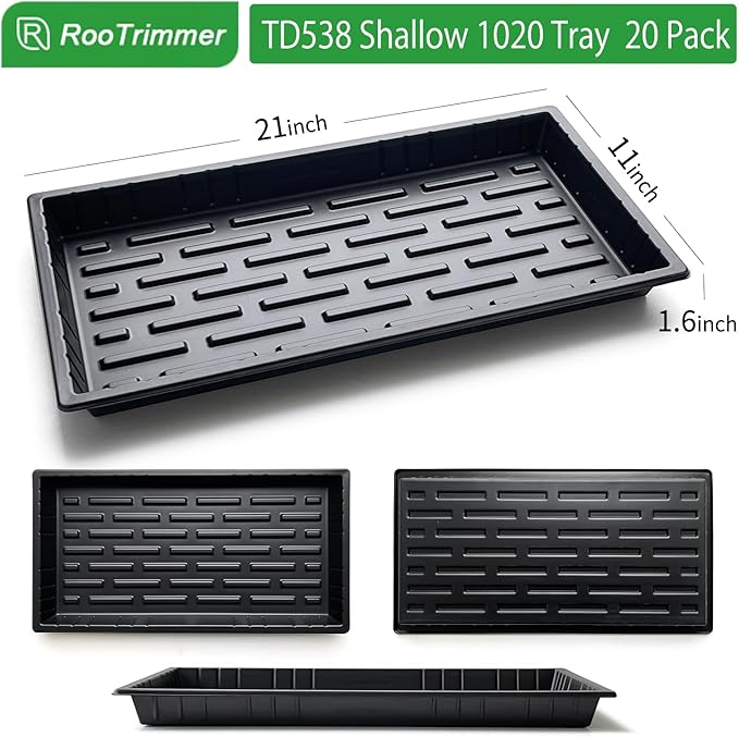 20 Pack Shallow 1020 Trays No Holes Heavy Duty Reusable Seed Starter Flat Seedling Tray for 72/128 Cell Plug Tray Transplant Microgreen &amp Seed Germination (21×11 1.6 Deep TD538)