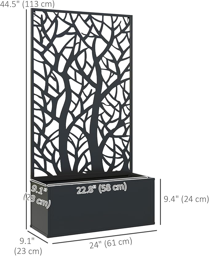 Outsunny Metal Raised Garden Bed with Trellis for Climbing Plants Freestanding or Wall Mounted Flower Bed with Privacy Panel Two Big Tree Cut-Outs Outdoor Planter Box for Garden Patio Balcony