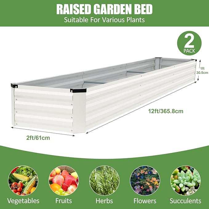 Galvanized Raised Garden Bed Outdoor | Metal Raised Garden Bed for Gardening 2Pack | Large Planter Box for Vegetables Flowers Fruits | Easy Assembly &amp Safety Design Flower Beds 12x2x1ft White