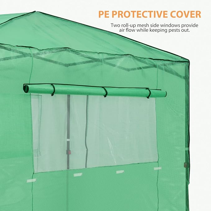EAGLE PEAK Replacement Cover for 8x6 Portable Walk-in Pop up Greenhouse Front and Rear Roll-Up Zipper Entry Doors and 2 Large Roll-Up Side Windows (Frame Not Included) Green