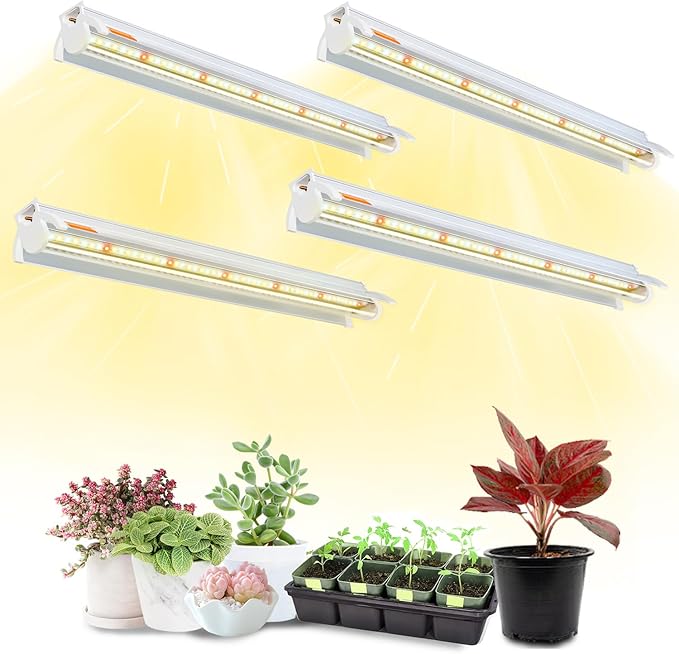 Plant Lights for Indoor Growing Seedlings - 16 in Long 4-Count (10W x4) Full Spectrum T5 Grow Light Bars for Seed Starting 4000K White LED Grow Lamp w/Reflectors for Shelf/Rack