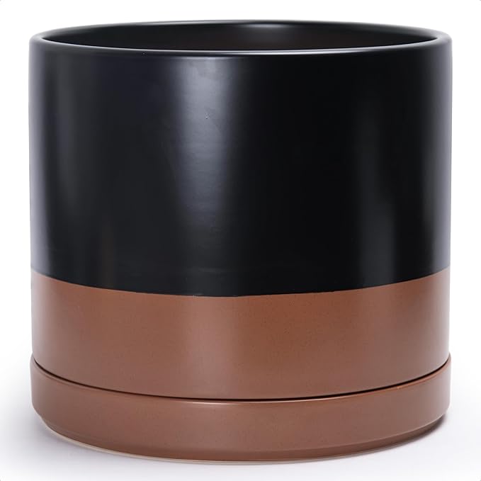 D'vine Dev 14 Inch Ceramic Planter Pot with Drainage Hole and Saucer Indoor Cylinder Round Planter Pot Black/Speckled Tan 94-O-G-7