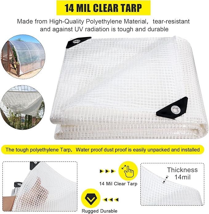 Clear Greenhouse Heavy Duty tarp 14 Mil Clear Waterproof CoverUV Resistant Poly Tarp with Grommets 30x40ft Superior Strengthfor Gardening Farming Nursery Garden