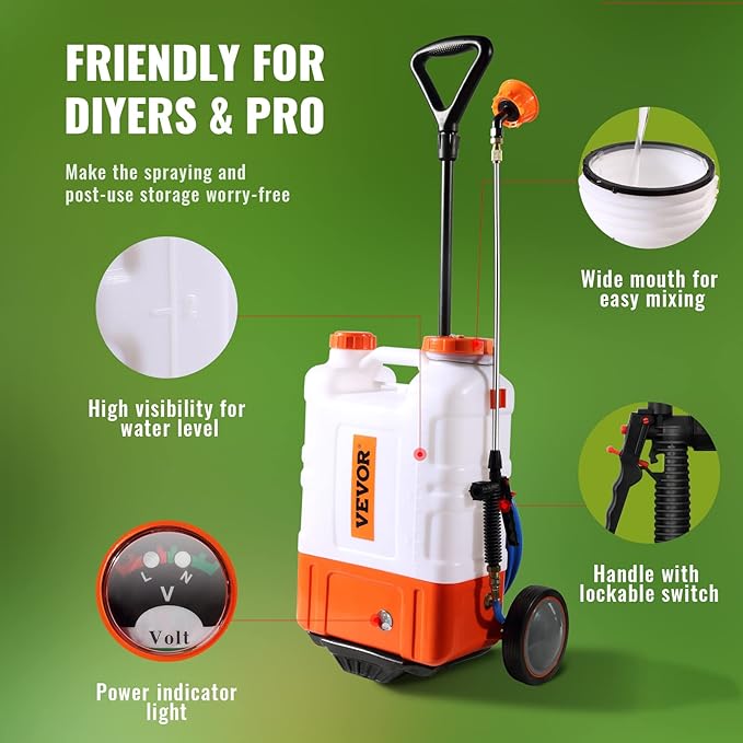 VEVOR 4 Gallon Battery Powered Backpack Sprayer with Wheeled Cart Adjustable 0-94 PSI 13FT Hose 6 Nozzles 2 Wands Included Wide Mouth Lid for Weeding Cleaning Long Spray Time Without Fatigue