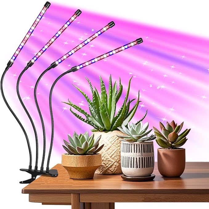 Indoor Plant Grow Light Full Spectrum Clip Plant Lamp 40 LED Beads with Red Blue White Light Plant Growing Light with Gooseneck 4/8/12/18H Timer 10 Brightness Levels 3 Lighting Modes 4 Head