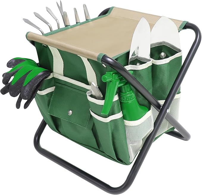 Garden Tool Set 10 Piece Kit with Heavy Duty Folding Stool Detachable Storage Tote Bag Stainless Steel Tools Gifts for Women Men Green