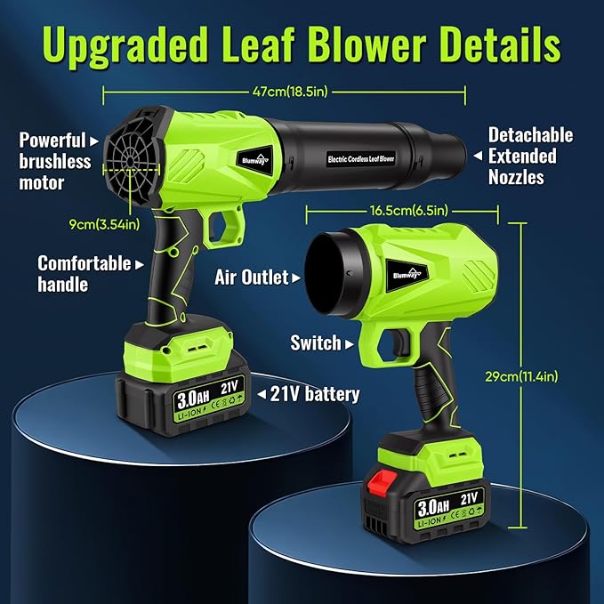 Blumway Leaf Blower Cordless with Battery 21V Handheld Leaf Blower with 3 Extended Nozzles Electric Leaf Blowers with 2 Pcs 3.0Ah Batteries Portable Leaf Blowers for Lawn Care LeavesDust Car