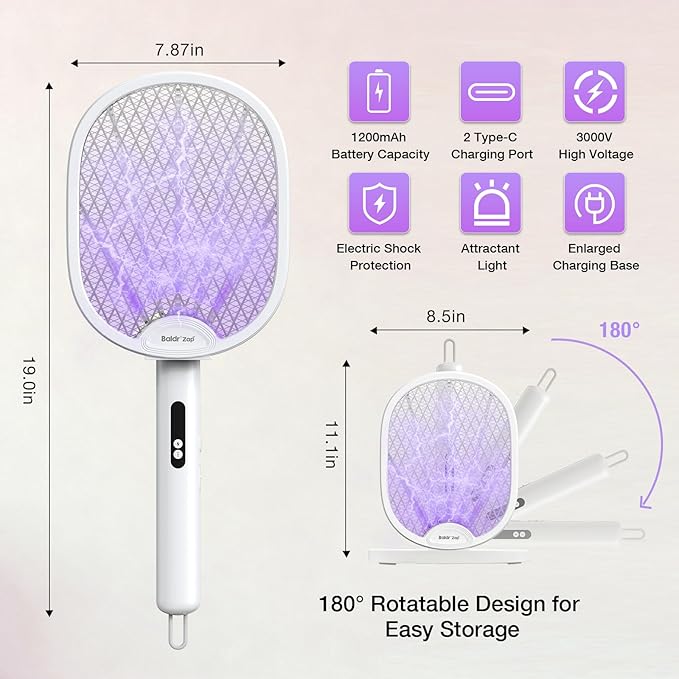 BALDR Electric Fly Swatter Racket Foldable 2 in 1 Bug Zapper 3000V Powerful Mosquito Killer with Purple Attractant Trap Lamp 1200mAh Type-C Rechargeable for Indoor Home Office Patio Camping 2 Pack