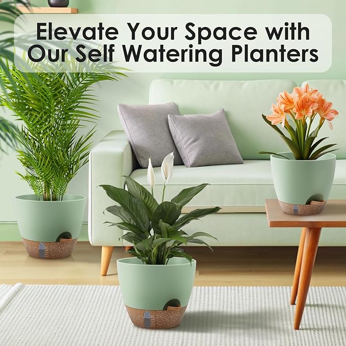 Self-Watering Plant Pots with Water Level Indicator Drainage Holes &amp Saucers – 12/10/9 Inch Large Plastic Planter Set for Indoor &amp Outdoor Plants (Green)
