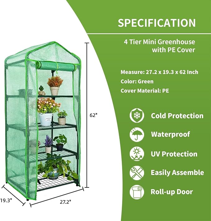 4 Tier Mini Greenhouse - Portable Indoor Outdoor Green House with 24lbs Per Shelf Durable PE Cover &amp Tool-Free Assembly for Garden Balcony Patio Backyard