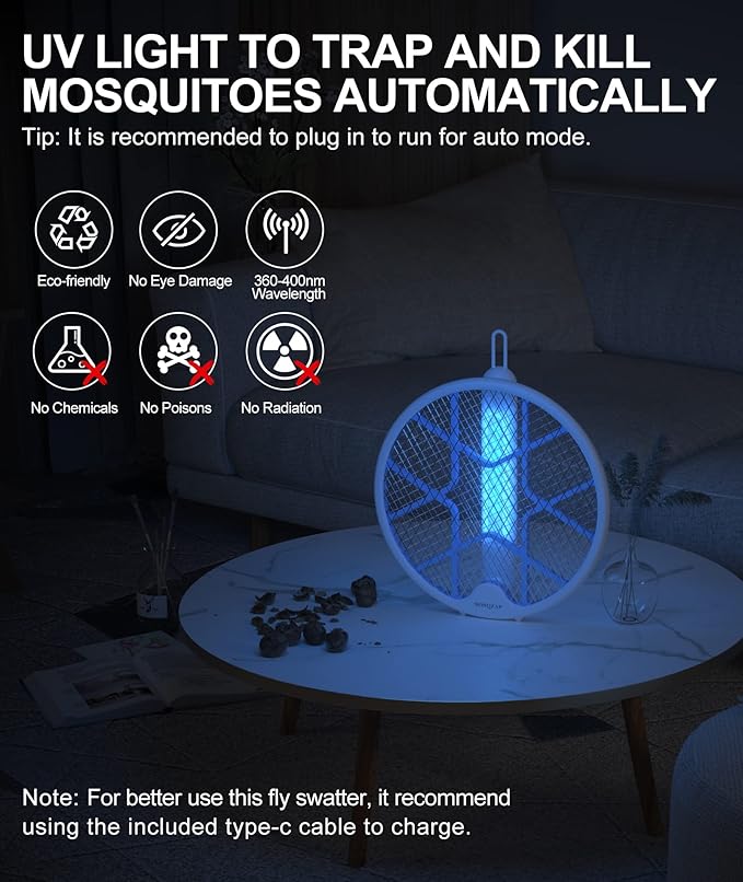 Electric Fly Swatter Foldable Bug Zapper Racket 3500Volt Mosquito Killer Electronic Fly Zapper w/Purple Light Attractant for Home Indoor Outdoor Large Size White