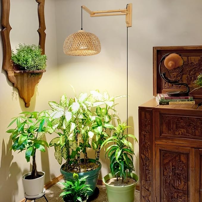 HMVPL Hanging Grow Lights for Indoor Plants Full Spectrum Boho Plant Lights for Indoor Growing with 20W COB Grow Light Bulb Bamboo Wall Mounted Grow Light with Swing Arm Timer for Large Small Plant