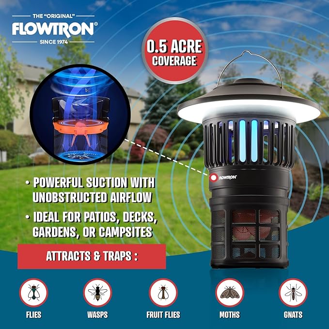 Flowtron Bug Trap Lantern | 2-in-1 UV Mosquito Trap &amp LED Camping Lantern 21000 Sq Ft Coverage 4000mAh Rechargeable Battery Cordless Insect Trap with Fan for Patio Backyard Indoor Outdoor