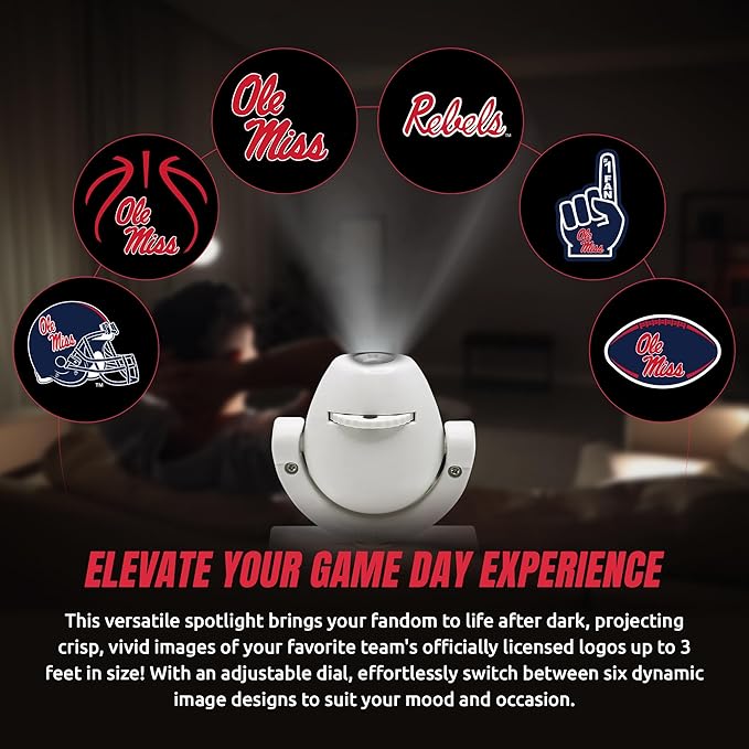 Sporticulture NCAA American Football Mississippi Ole Miss - Adjustable Led Mini Spotlight Projector with 6 Team Logo Designs - Portable &amp Rechargeable Spotlight - Battery-Operated - 4.375” x 3.125