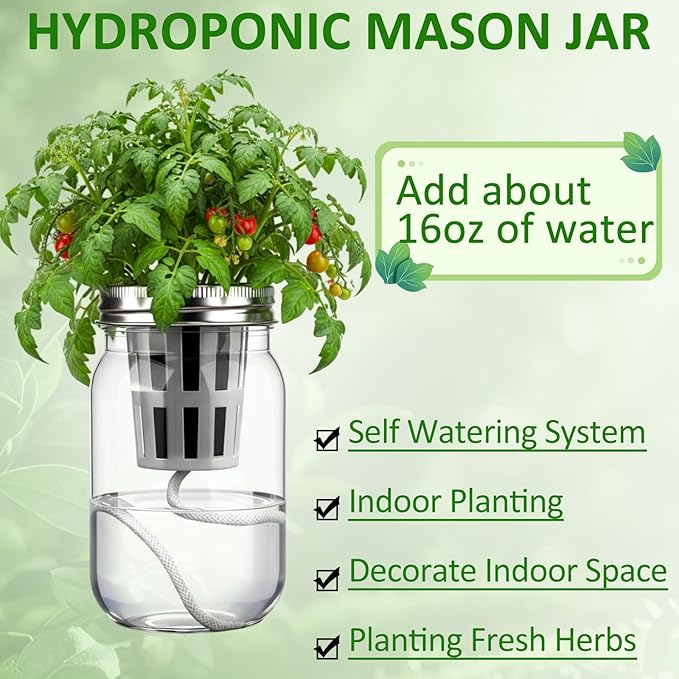 12 Set Hydroponic Garden Mason Jar Kit Self Watering Herb Hydroponic Planter Starter Kit with Net Pot Garden Flower Plant Growing Gift for Indoor Herbs Windowsill Gardening