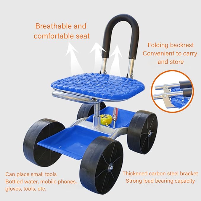 Pssopp Garden Cart Rolling Work Seat360 Degree Swivel Seat Garden Rolling Stools with Wheels for Outdoor Patio Yard Planting Work Scene