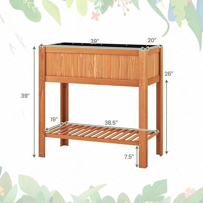COSTWAY 2-Tier Raised Garden Bed Fir Wood Planter Box with Storage Shelf for Vegetables Herbs &amp Flowers – 39 x 20 x 39 for Backyard Patio &amp Balcony
