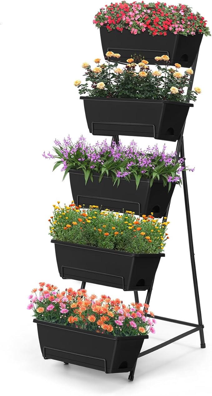 5 Tier Vertical Raised Garden Bed Planter Box Vertical Raised Bed with Drainage Holes for Indoor Outdoor Herbs Flowers Vegetables Plants Black