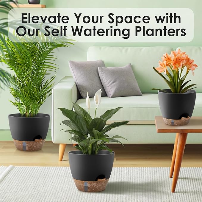 Self-Watering Plant Pots with Water Level Indicator Drainage Holes &amp Saucers – 12/10/9 Inch Large Plastic Planter Set for Indoor &amp Outdoor Plants(Black)