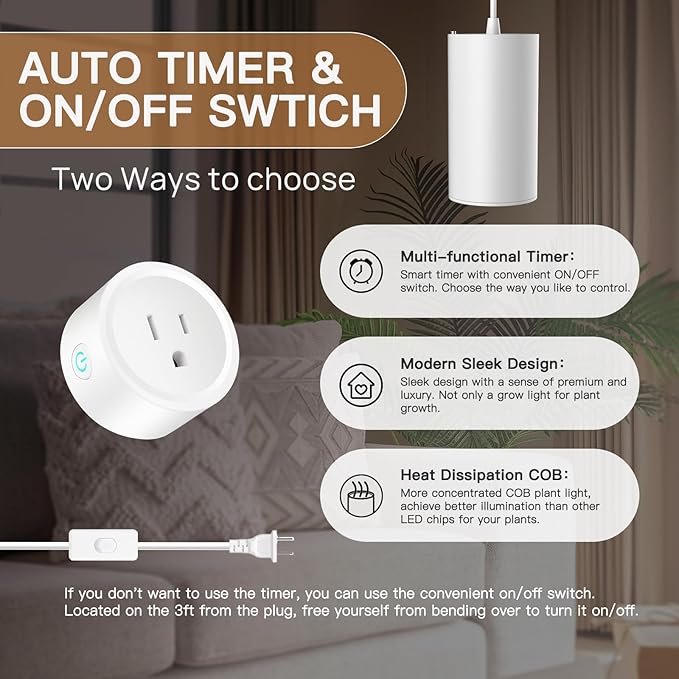 STERREN Pendant Grow Lights30W Full Spectrum Plant Light with On/Off Switch Auto Timer White Plug in Hanging Lights for Indoor Plants with 21 FT Height Adjustable Power Cord
