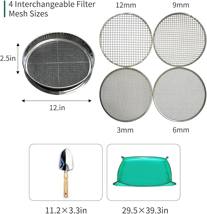 Soil Sifter for Gardening 12 Inch Stainless Steel Soil Sifter with 4 Replaceable Fine Screens and Shovel Sieve for Sand Rocks Dirt Compost