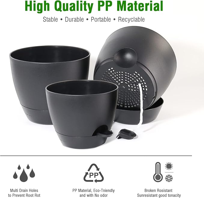 Large Self Watering Pots 12/10/9 Plastic Planters with High Drainage Holes and Deep Reservoir for Indoor Outdoor Garden Plants and Flowers Black
