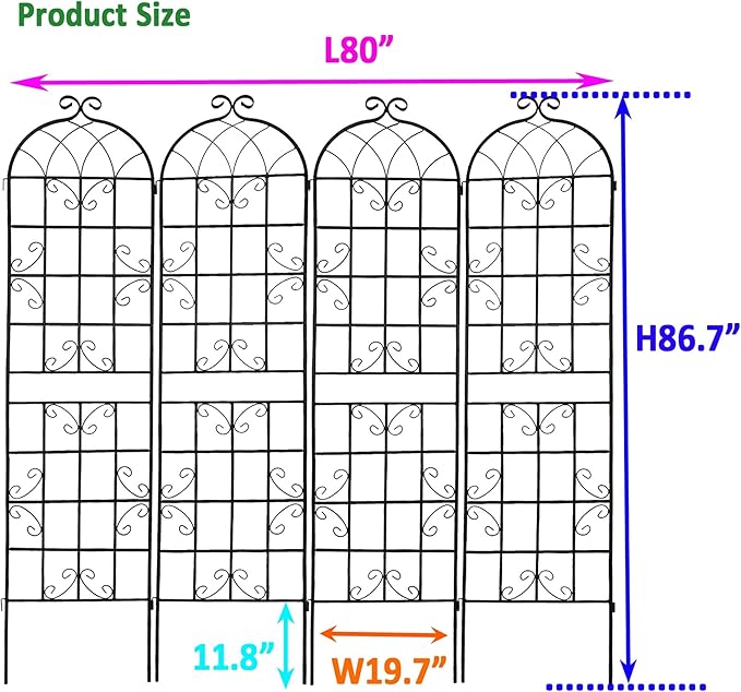 4 Pack Metal Garden Trellis 86.7 x 19.7 - Rustproof Climbing Plant Support for Outdoor Gardens(4 Pack-Black)