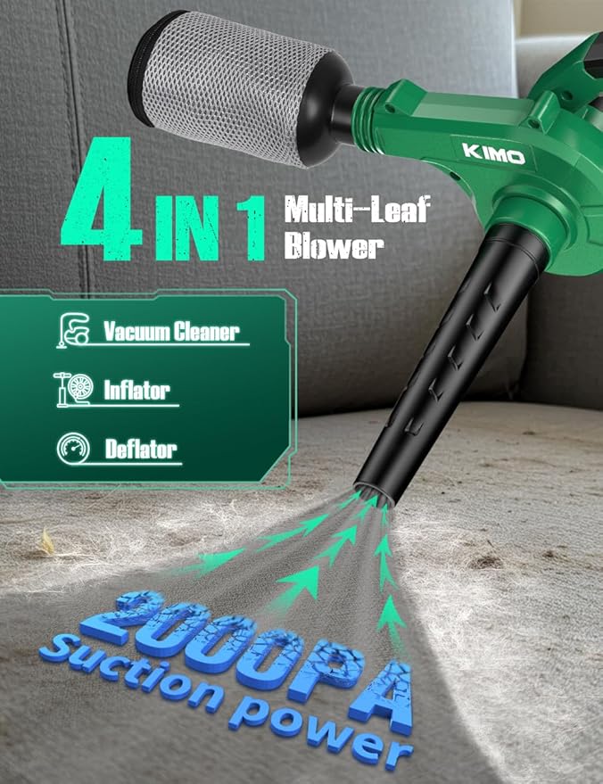K I M O. Cordless Leaf Blower and Vacuum Combo 4 In 1 3 Nozzles for Inflation and Deflation 190MPH/260CFM Smart Panel with 3 Modes 20 Extended Tube 2000mAh Battery Cordless Blowers for Lawn Care