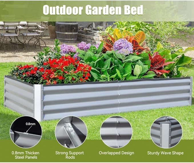 Heavy-Duty Galvanized Steel Raised Garden Bed for Outdoor Vegetable Fruit and Flower Planting – Rust-Resistant Metal Planter Box (6x3x1ft (Silver))