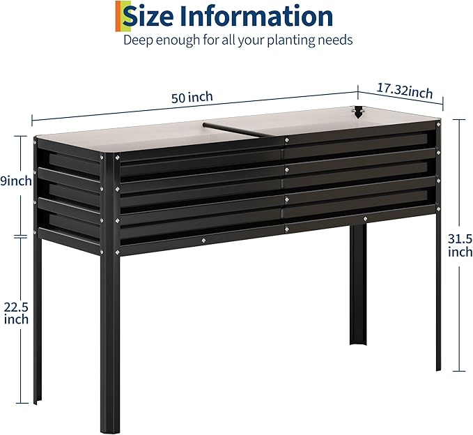 Raised Garden Bed with -Watering Reservoir - Tall Elevated Square Planter Box for Vegetables/Herbs Heavy Duty Steel Panels &amp Drainage (Water Tank Included)Black