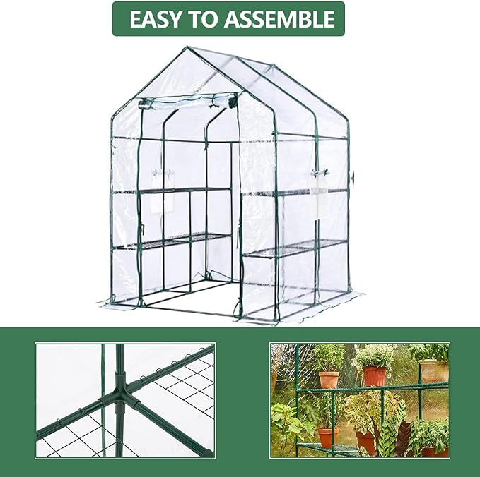 Greenhouse for Outdoor - Walk in Greenhouse with 6 Shelves Heavy Duty Metal Frame Weatherproof Transparent Cover Roll Up Door Gardening House for Plants &amp Seedlings - 56.3 x 56.3 x 76.77 Inch