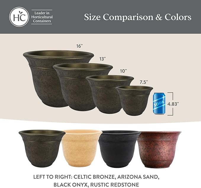 The HC Companies Sierra Round Self-Watering Pot - Lightweight Plastic Planter for Herbs &amp More - Durable Plant Pots for Indoor Plants &amp Outdoor Plants (10” Celtic Bronze Pack of 2)