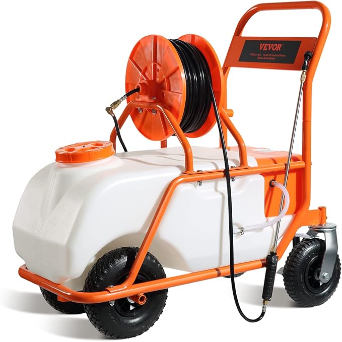 VEVOR Battery Powered 15 Gallon Garden Weed Sprayer with Wheeled Cart 126FT Hose with Reel 8 Nozzles 2 Wands with Lock Trigger 0-90PSI 5-6h Spray Time Wide Mouth Lid Rotating Wheels with Brake