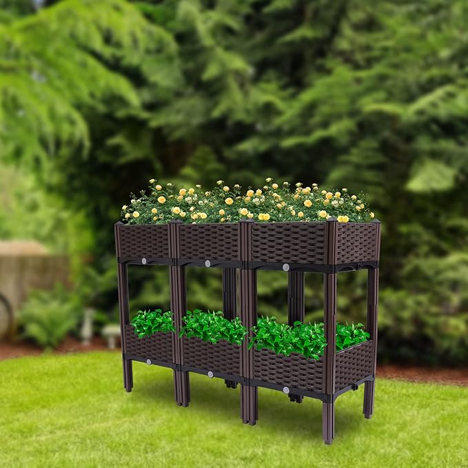 Raised Garden Bed with Legs Garden Boxes Plant Pots Self-Watering Plastic Planter for Indoor Outdoor Vegetables Fruits Potato Flowers (Brown 3+3 Boxes)