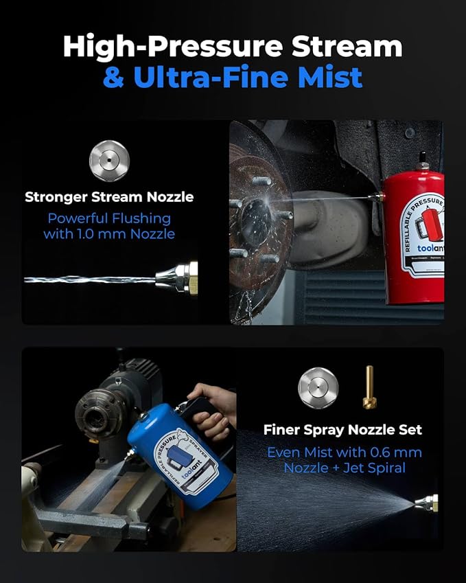 toolant 32 oz Refillable Pressurized Sprayer Steel Canister Rust-Resistant Lining Needle Valve Leak-Resistant 1.0/0.6 mm Nozzles Funnel Included 200 PSI Max for Brake Cleaner &amp Solvents 2