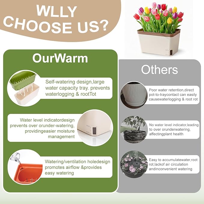 OurWarm Self Watering Pots for Indoor Plants 6 Pack 10.5 Inch Plastic Window Herb Planter Box with Water Level Indicator Modern Decorative Windowsill Planters for Herbs Flowers Seedlings