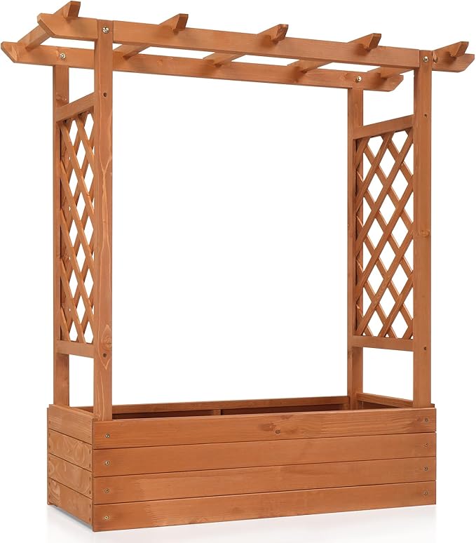 Vasitelan Raised Garden Bed with Trellis Wooden Elevated Planter Box w/Drainage Holes &amp Removable Bottom Panels for Climbing Vine Flower Indoor Outdoor Wood Planter for Yard Patio
