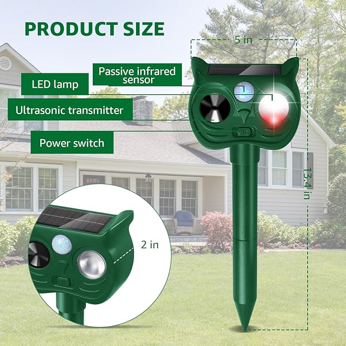 Solar Ultrasonic Animal Repellent Outdoor Motion Sensor Deer Repellent Devices Squirrel Cat Raccoon Rabbit Deterrent with Strobe Light Dual Mode Keep Skunk Away Protection for Yard Garden Lawn 2PCS