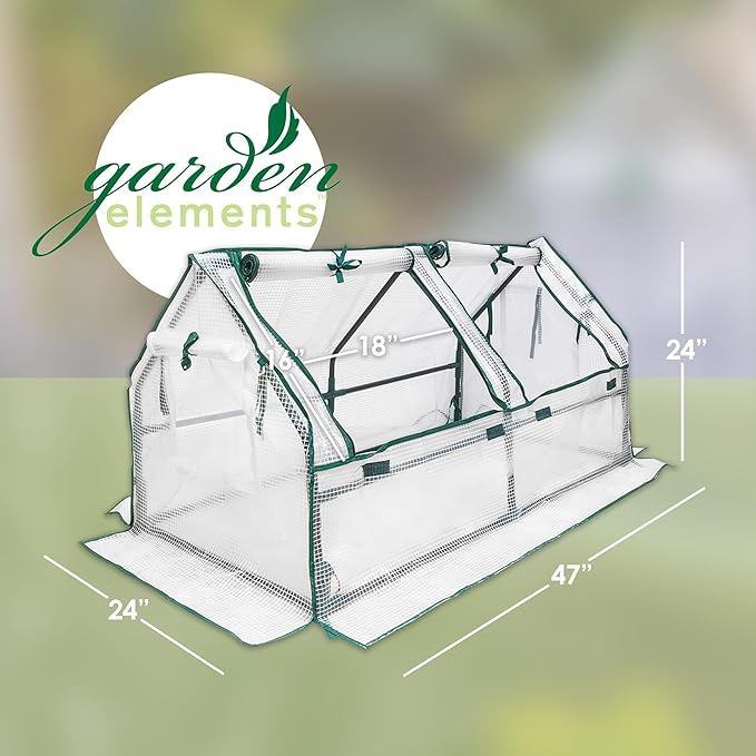 Garden Elements Indoor/Outdoor Metal Frame Plastic Covered Cloche Angled Tunnel Greenhouse with Mesh Vents White Mini 47”