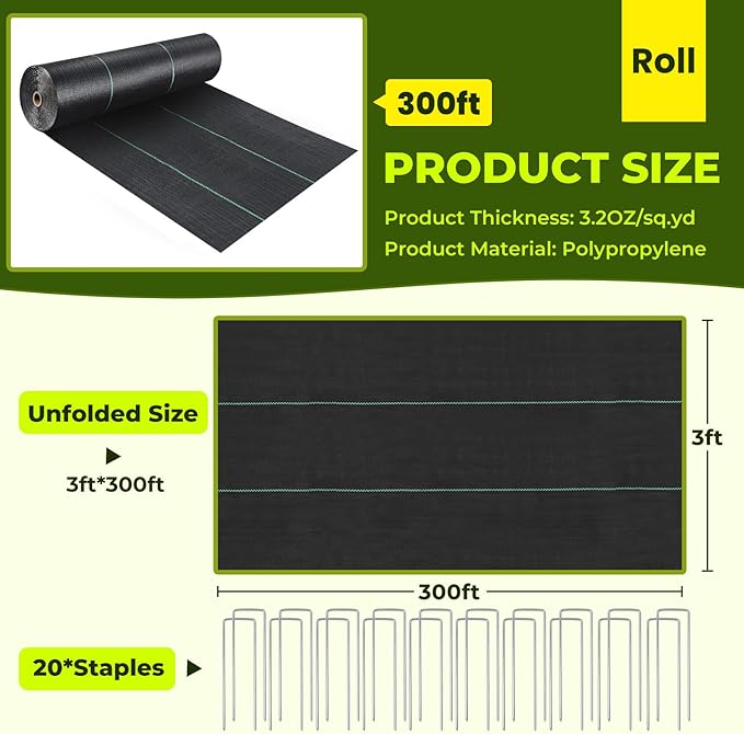 Weed Barrier Fabric3x300FT Landscape Fabric3.2oz Weed Control Garden Cloth Block Gardening Ground Cover Mat Woven Geotextile Fabric for Driveway Gravel Greenhouse Underlayment