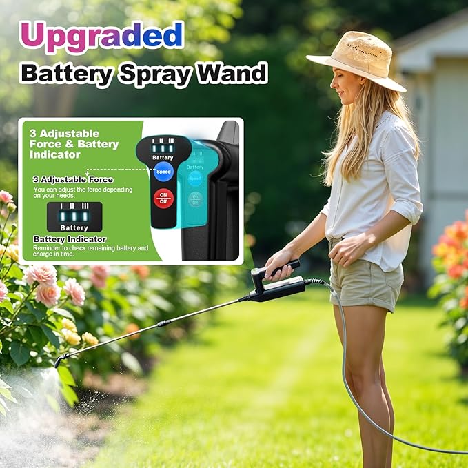 Battery Powered Sprayer Wand 32 Inch Garden Sprayer Telescopic Wand with 3 Adjustable Speeds Battery Indicator 26.2 FT Hose 7.4V Rechargeable Water Sprayer Wand with 4 Adjustable Nozzles &amp Fil