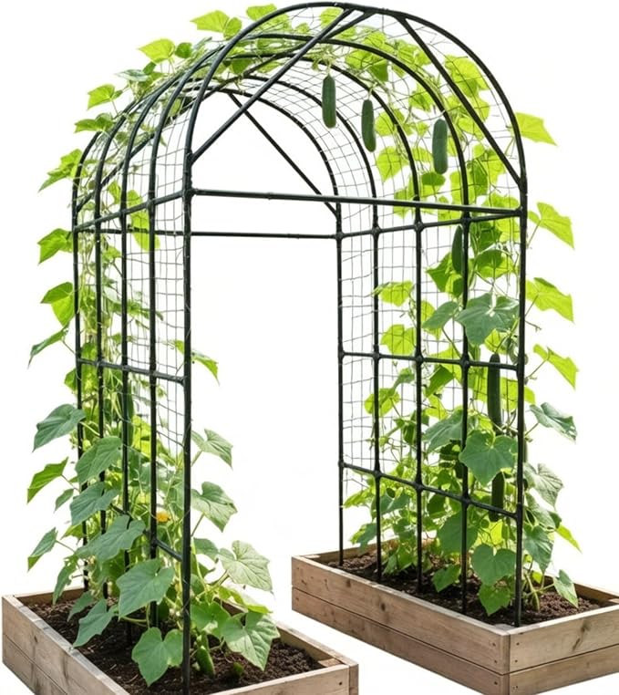Garden Trellis Arch 7FT Tall – Plastic Coated Metal Arch Trellis for Climbing Plants Outdoor Weather-Resistant Steel Garden Arch for Vegetables Cucumber Tomato Raised Bed Trellis