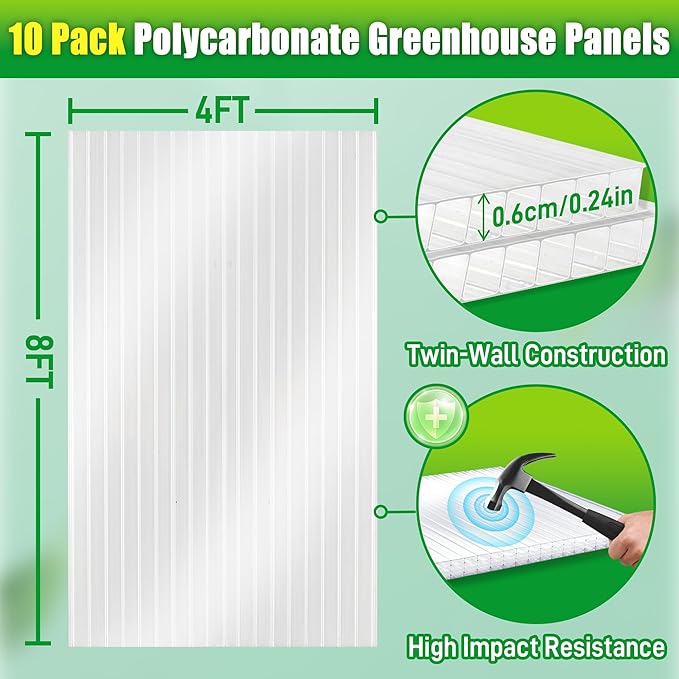 10 Pack Polycarbonate Greenhouse Panels 8' x 4' x 0.24'' Twin-Wall Polycarbonate Sheets All Weather Clear Roof Panels Greenhouse Replacement Panels