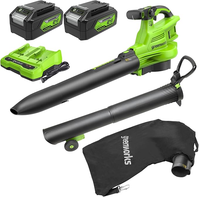 Greenworks 48V (24V x 2) Cordless Brushless Leaf Blower/Vacuum (520 CFM / 240 MPH) with Bag Powerful &amp Efficient for Yard Debris Cleanup Includes (2) 4.0Ah Battery &amp Dual Port Charger