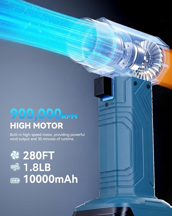 Cordless Turbo Dryer Blower for Car - Snow Blower Featuring a 10000mAh Battery Module Maximum Thrust of 1.8 lbs Lightweight Design Ideal for clearing Snow from lawns Gardens and Vehicles(Blue)