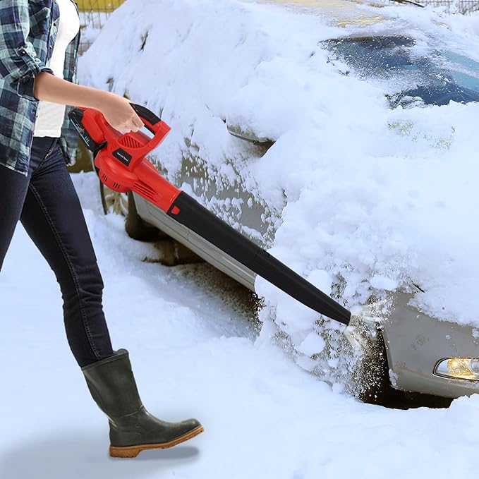 DC 21V Lithium-ion Leaf Blower Cordless Electric Snow Blower for Lawn Care Battery Powered Leaf Blower for Snow Blowing Powerful Motor High Capacity Battery &amp Charger Red
