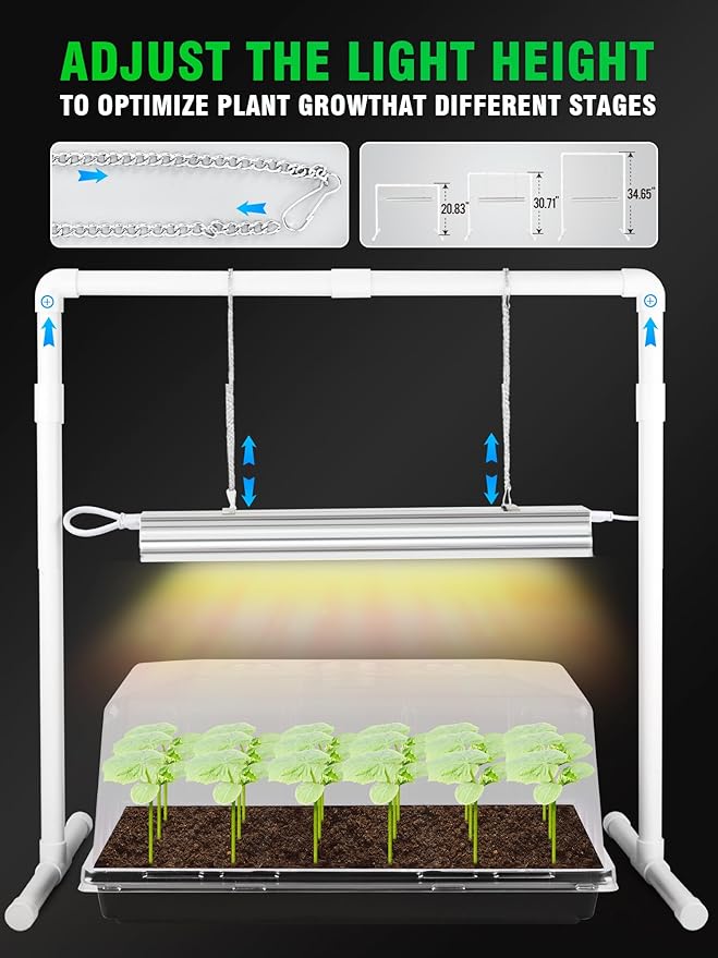 Seed Starter Tray with Grow Light and Heat Mat 8'' Humidity Dome 1020 Plant Starter Trays Seed Starter Kit Grow Light Stand for Seed Starting &amp Seedling Growing Height Adjustable