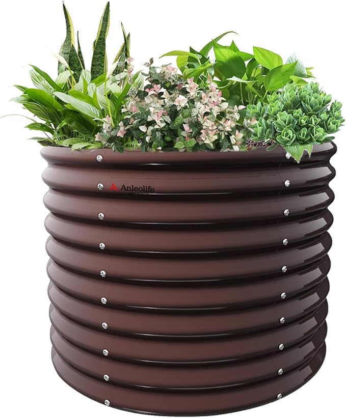 A ANLEOLIFE 30 Extra Tall Galvanized Raised Garden Beds Outdoor 3x2.5ft Round Metal Planter Boxes for Planting Vegetables Flowers Fruits Eco-Safe &amp Easy Setup CaféBronze
