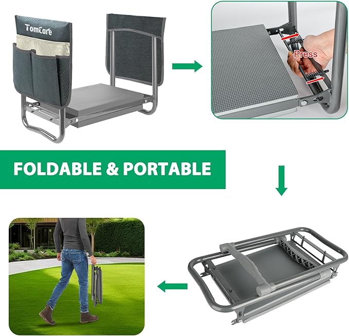 TomCare Garden Kneeler and Seat 10.64” Wider Larger Soft Kneeling Pad Garden Bench with 2 Large Tool Pouches Heavy Duty Garden Stool Foldable Tools Gardening Gifts for Women Men GardenersGrey