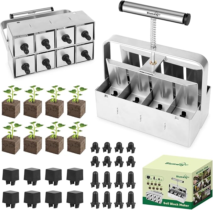 BlumWay Upgraded Soil Blocker 8 Cell Seed Blocker 2 inch Quad Soil Block Maker Manual with 3 Types of Seed PinsHand-held Soil Blocking Tool for Seed Stater Tray Outdoor Plants
